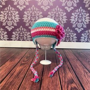 Crochet White, Pinks & Blue Earflap Hat